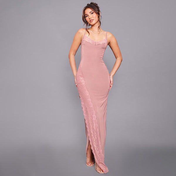 Bodycon Maxi Dress with Lace Trim and High Slit