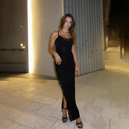 Bodycon Maxi Dress with Lace Trim and High Slit