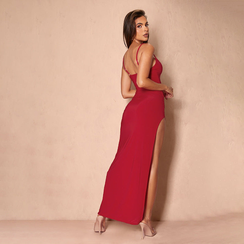 Bodycon Maxi Dress with Lace Trim and High Slit