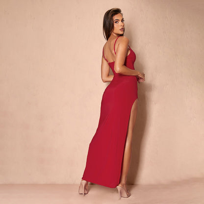 Bodycon Maxi Dress with Lace Trim and High Slit