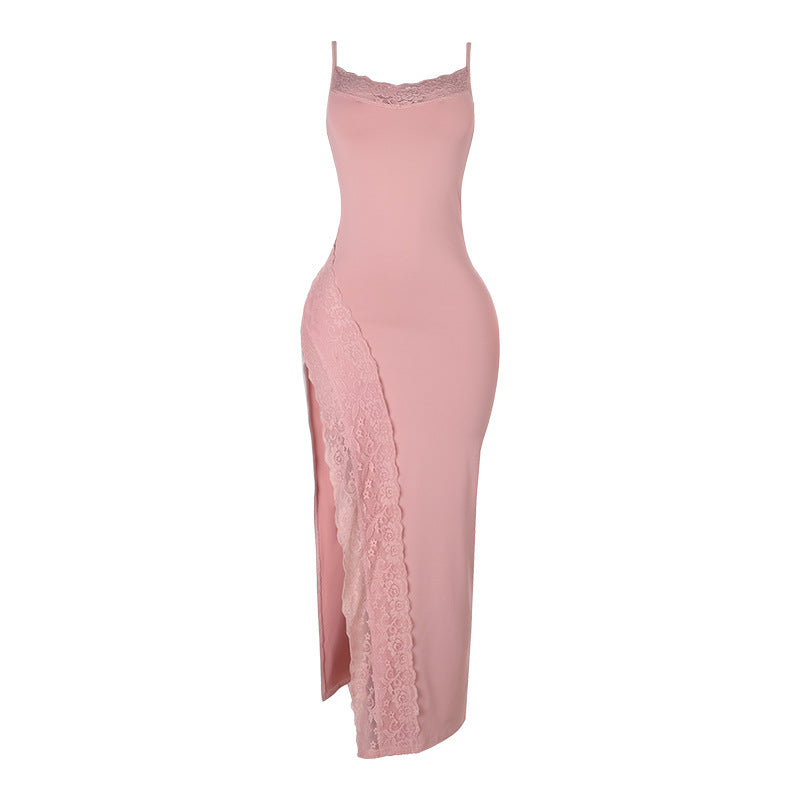 Bodycon Maxi Dress with Lace Trim and High Slit