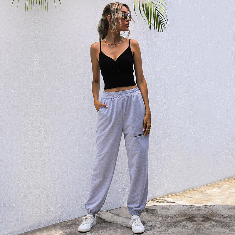 High-Waist Jogger Pants with Horizontal Zipper Detail