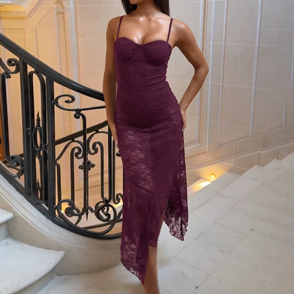 Bodycon Lace Maxi Dress with Bustier Bodice and Asymmetrical Hem