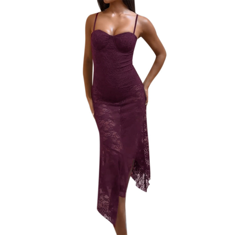 Bodycon Lace Maxi Dress with Bustier Bodice and Asymmetrical Hem