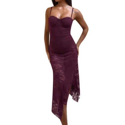 Bodycon Lace Maxi Dress with Bustier Bodice and Asymmetrical Hem