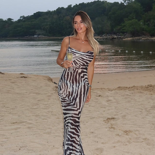Zebra Print Bodycon Maxi Dress with V-Neck and Backless Detail