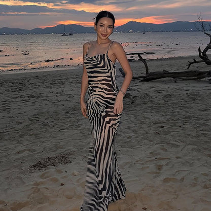 Zebra Print Bodycon Maxi Dress with V-Neck and Backless Detail