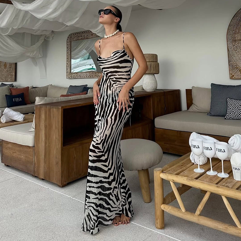 Zebra Print Bodycon Maxi Dress with V-Neck and Backless Detail