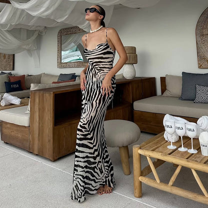 Zebra Print Bodycon Maxi Dress with V-Neck and Backless Detail