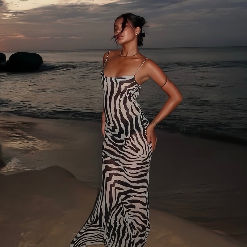 Zebra Print Bodycon Maxi Dress with V-Neck and Backless Detail