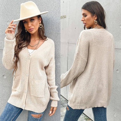 Loose Knit Cardigan with V-Neck and Front Pockets
