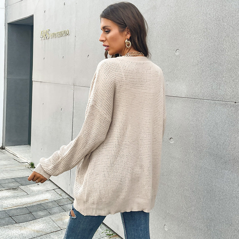 Loose Knit Cardigan with V-Neck and Front Pockets