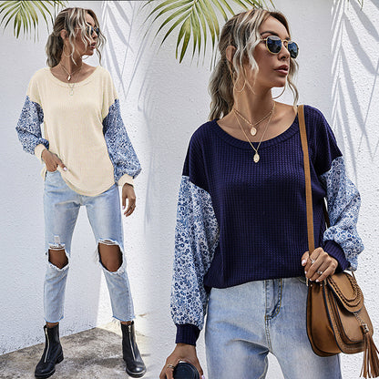 Patchwork Waffle Knit Top with Floral Print Sleeves