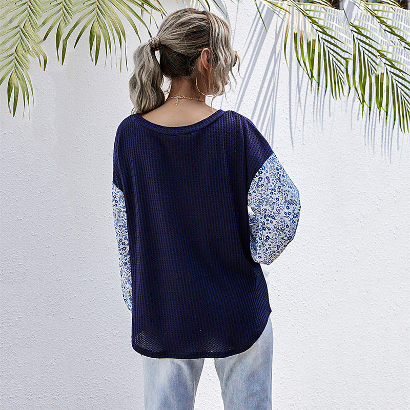 Patchwork Waffle Knit Top with Floral Print Sleeves