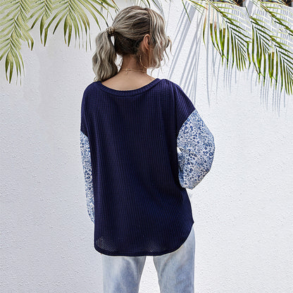 Patchwork Waffle Knit Top with Floral Print Sleeves