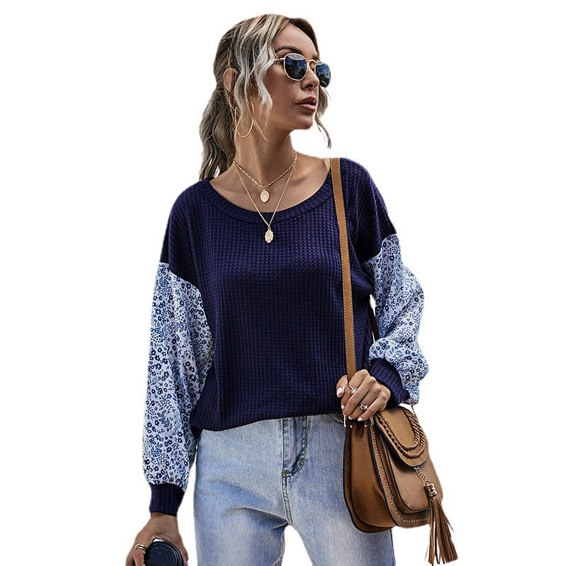 Patchwork Waffle Knit Top with Floral Print Sleeves