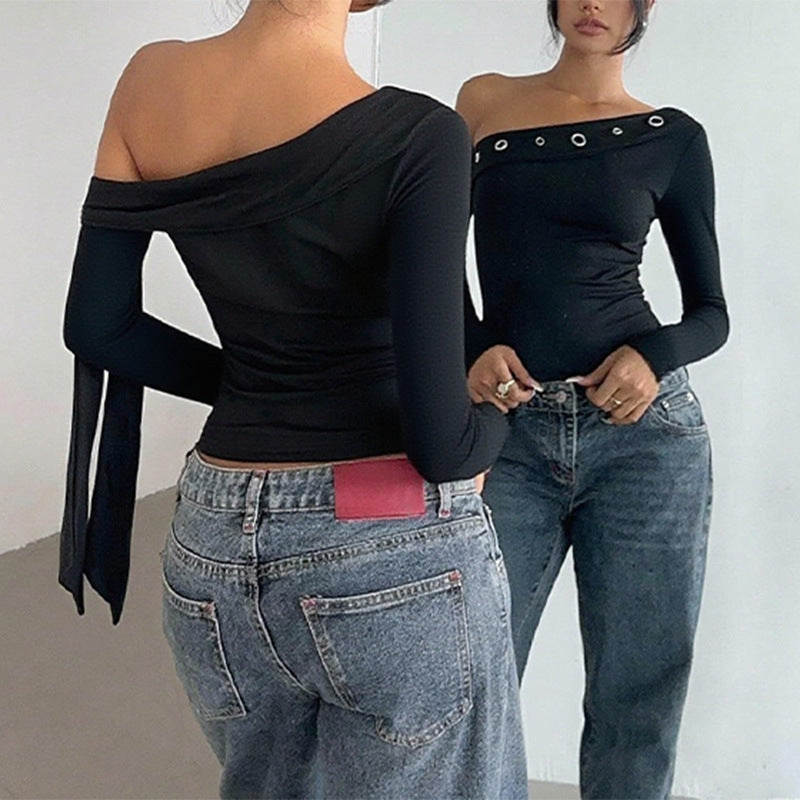Bodycon One-Shoulder Top with Grommet Detail and Long Sleeves