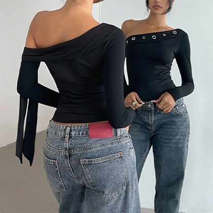 Bodycon One-Shoulder Top with Grommet Detail and Long Sleeves