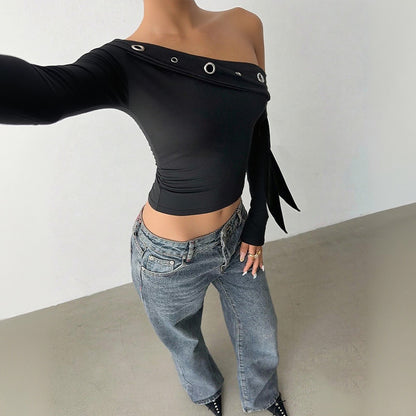 Bodycon One-Shoulder Top with Grommet Detail and Long Sleeves