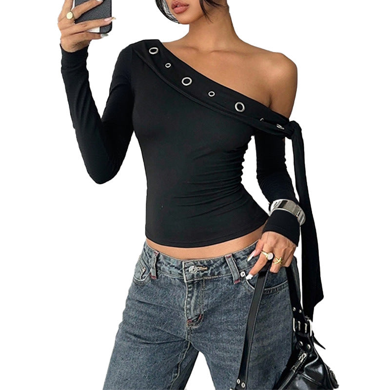 Bodycon One-Shoulder Top with Grommet Detail and Long Sleeves