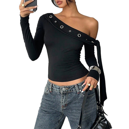 Bodycon One-Shoulder Top with Grommet Detail and Long Sleeves