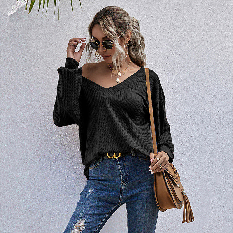 Loose V-Neck Waffle Knit Pullover with Long Sleeves