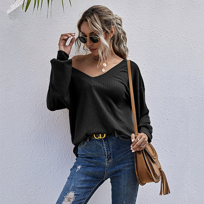 Loose V-Neck Waffle Knit Pullover with Long Sleeves