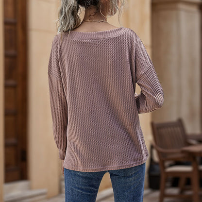 Loose V-Neck Waffle Knit Pullover with Long Sleeves