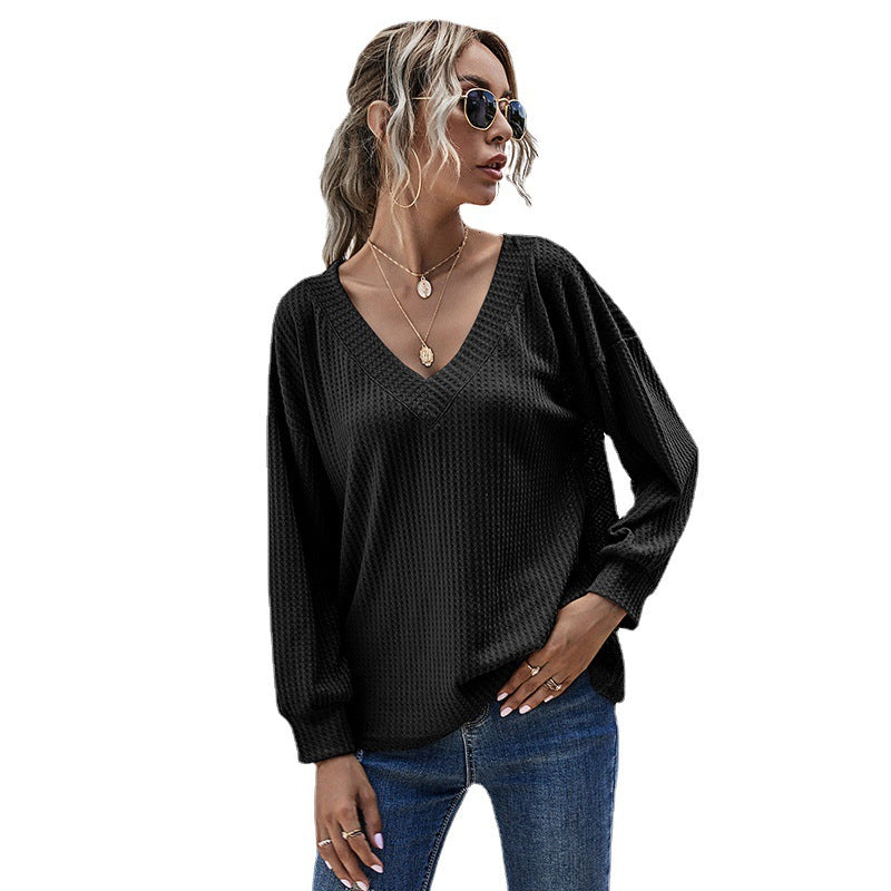 Loose V-Neck Waffle Knit Pullover with Long Sleeves