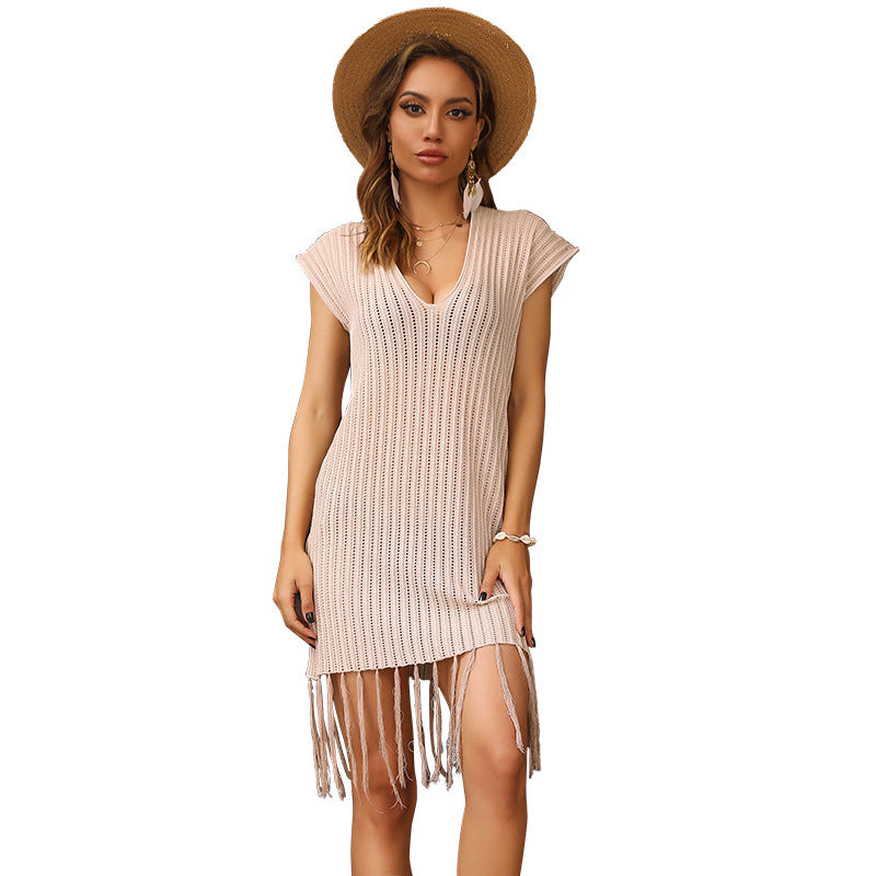 Hollow-Out Knitted Beach Dress with V-Neck and Tassel Hem