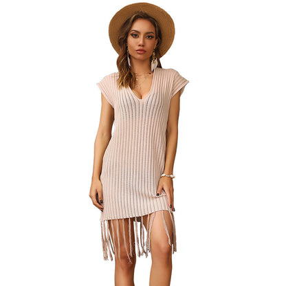 Hollow-Out Knitted Beach Dress with V-Neck and Tassel Hem