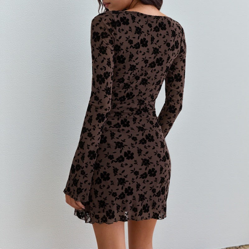 Flocked Floral Mesh Mini Dress with Bell Sleeves and Tie Front