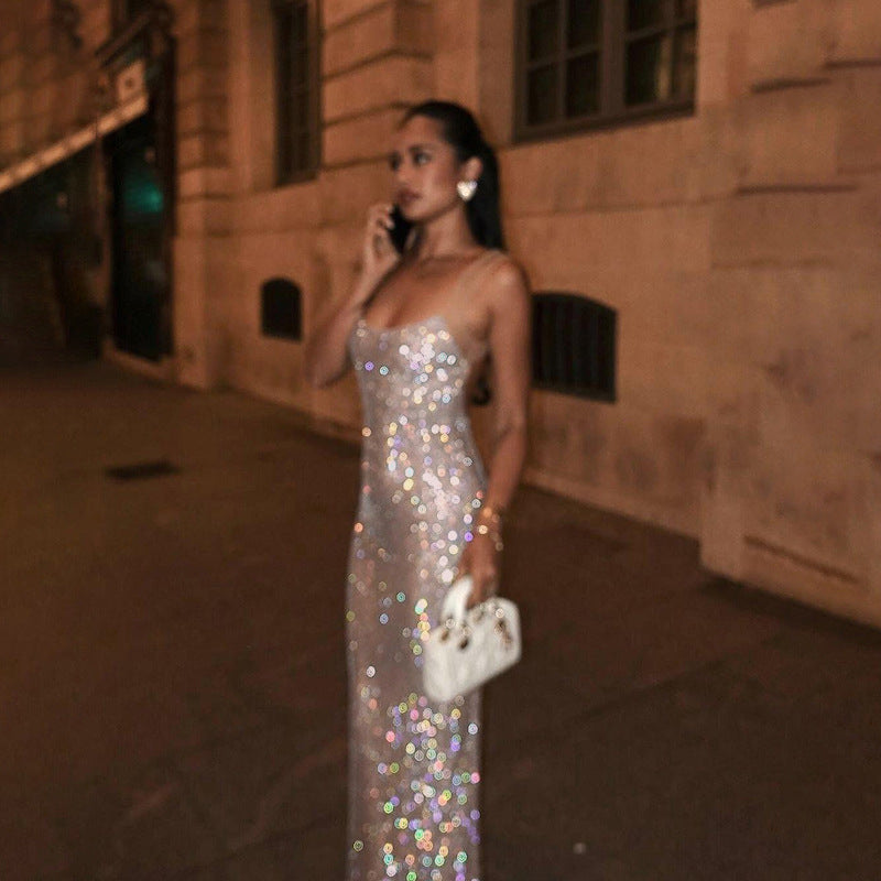 Sequined Sheath Maxi Dress with Scoop Neck and Thin Straps