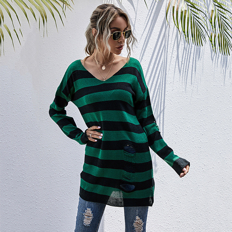Striped V-Neck Tunic Sweater with Distressed Detail
