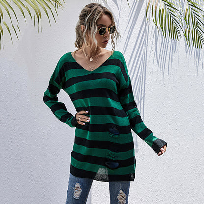Striped V-Neck Tunic Sweater with Distressed Detail