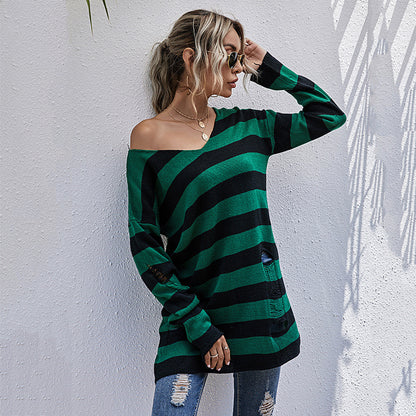 Striped V-Neck Tunic Sweater with Distressed Detail