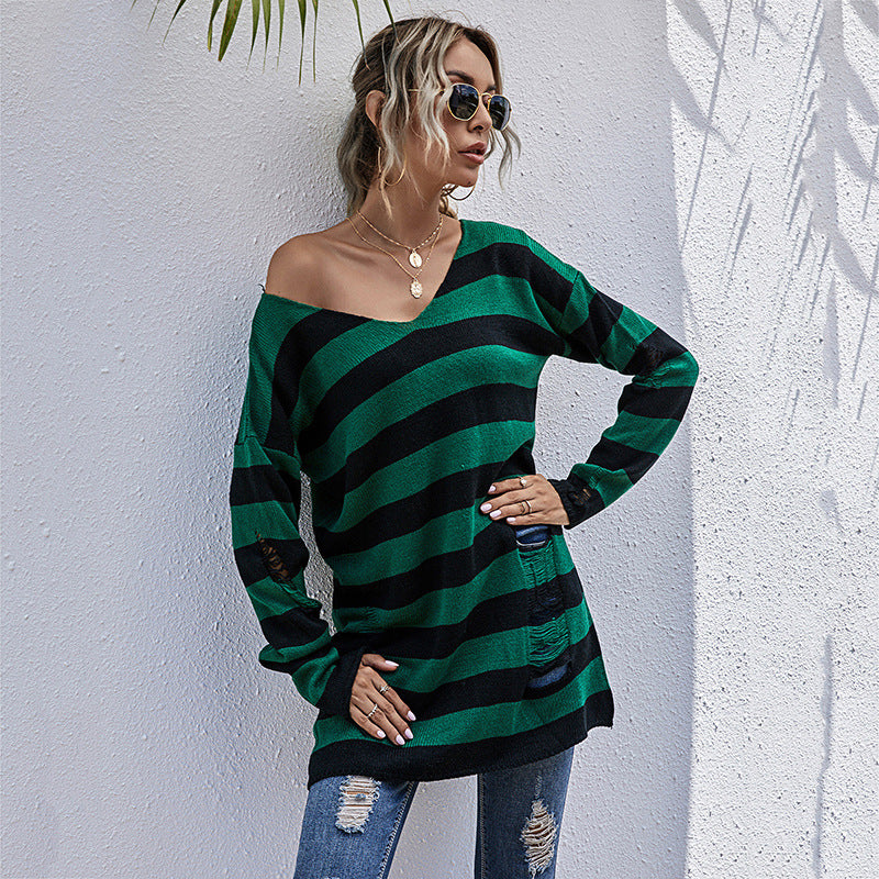 Striped V-Neck Tunic Sweater with Distressed Detail