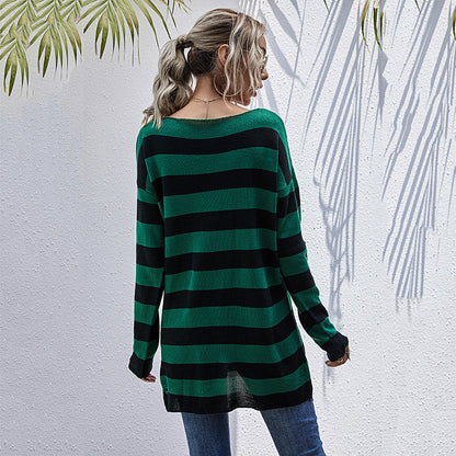 Striped V-Neck Tunic Sweater with Distressed Detail