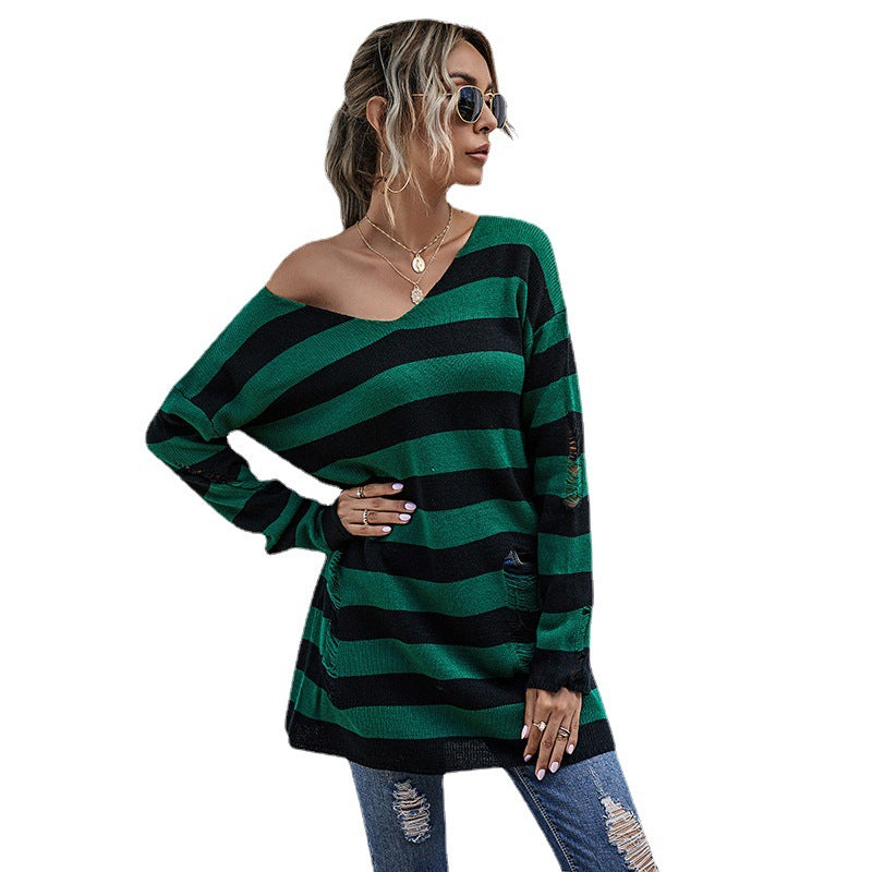 Striped V-Neck Tunic Sweater with Distressed Detail