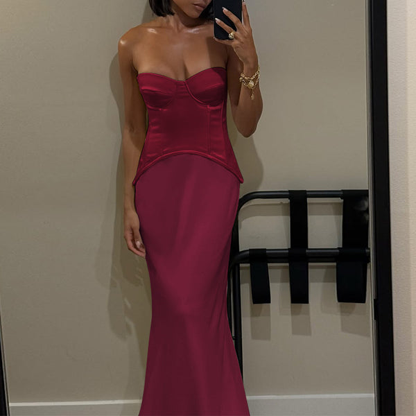 Strapless Sheath Maxi Dress with Boned Corset Bodice