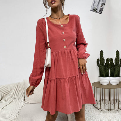 Tiered A-Line Mini Dress with Button Front and Long Sleeves