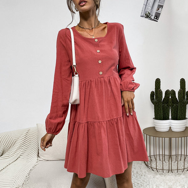 Tiered A-Line Mini Dress with Button Front and Long Sleeves