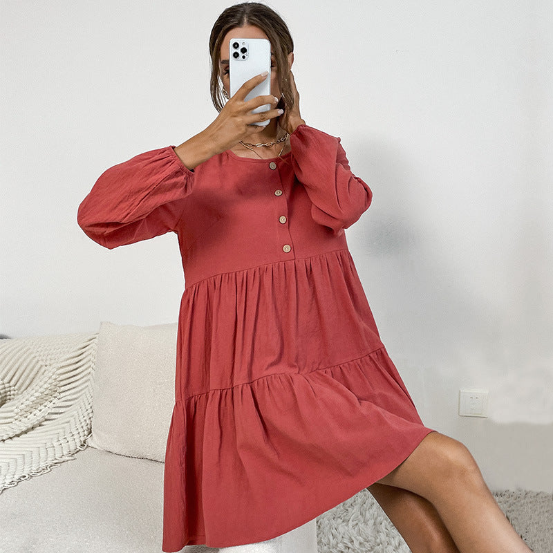 Tiered A-Line Mini Dress with Button Front and Long Sleeves