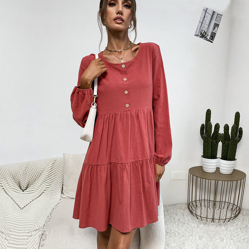 Tiered A-Line Mini Dress with Button Front and Long Sleeves