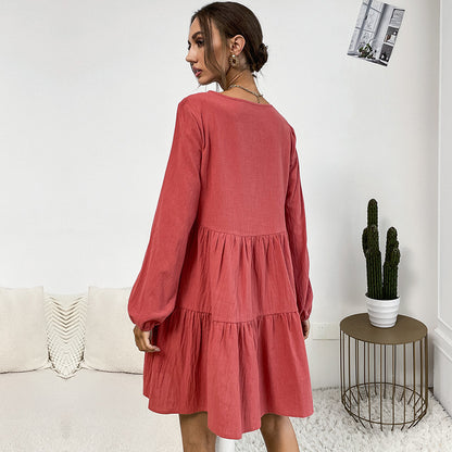 Tiered A-Line Mini Dress with Button Front and Long Sleeves