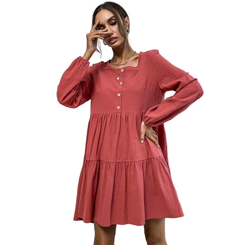 Tiered A-Line Mini Dress with Button Front and Long Sleeves