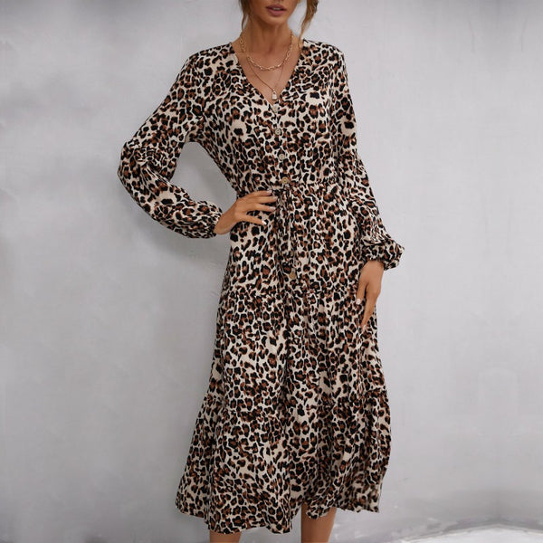 Leopard Print A-Line Midi Dress with V-Neck and Button Front