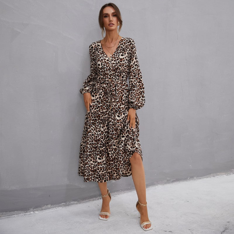 Leopard Print A-Line Midi Dress with V-Neck and Button Front