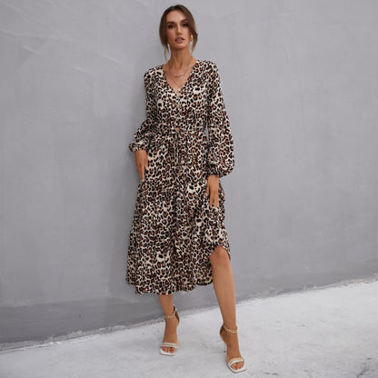 Leopard Print A-Line Midi Dress with V-Neck and Button Front