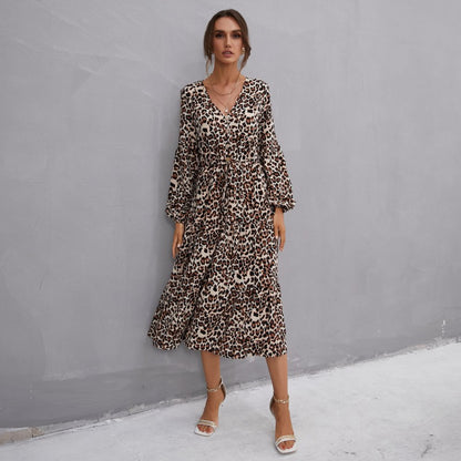 Leopard Print A-Line Midi Dress with V-Neck and Button Front